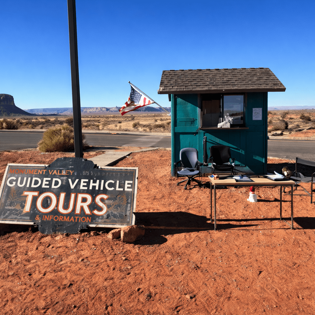 Small hut with 'Guided Vehicle Tours' sign, American flag, chairs, and table on desert landscape.
