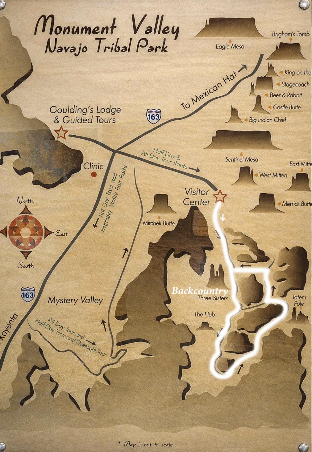 Map of Monument Valley Navajo Tribal Park with landmarks and tour routes.