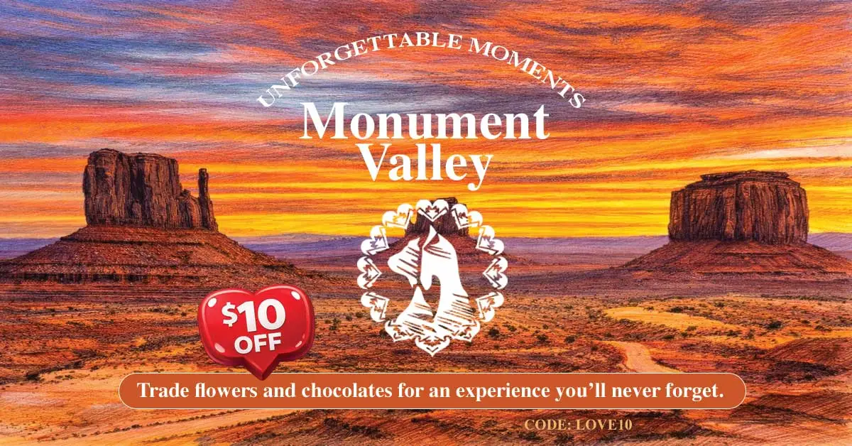 Illustration of Monument Valley sunset with promo text and $10 off badge.