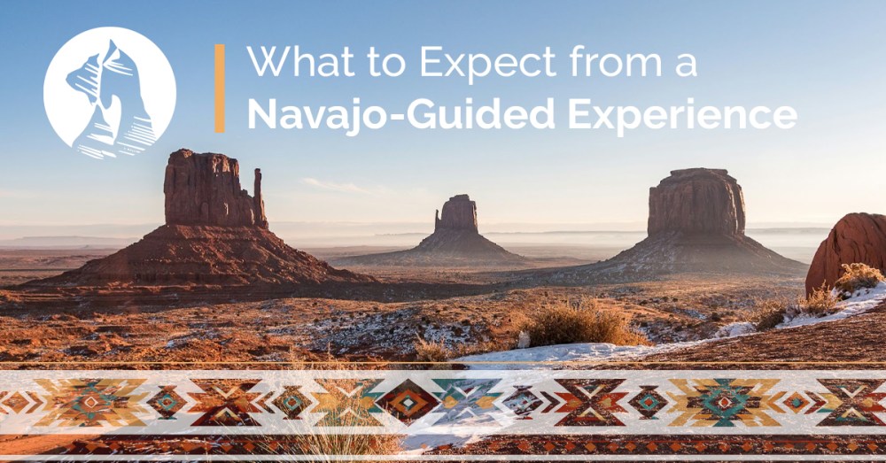 Monument Valley landscape with text 'Navajo-Guided Experience' and decorative pattern