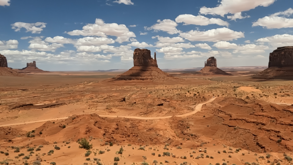 Desert landscape with rock formations and a partly cloudy sky.