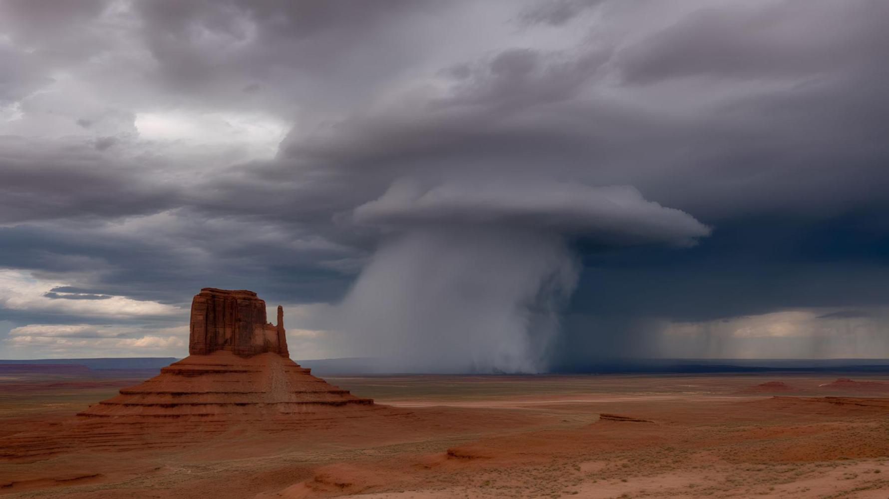 Desert landscape with a towering rock formation and a distant rainstorm under dark clouds.